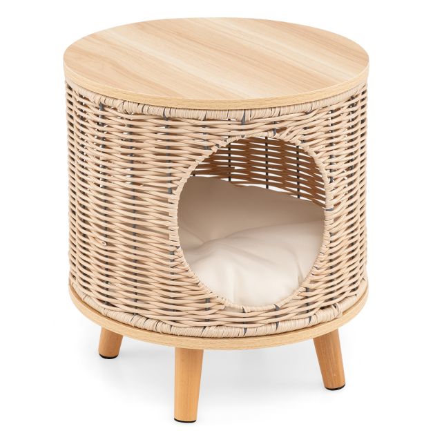 Coast Kattenhuis - Rattan - 36 x 41 cm - Afneembaar Kussen - Houten Poten - Kattenbed - Binnen Kattenmeubel - Natuur