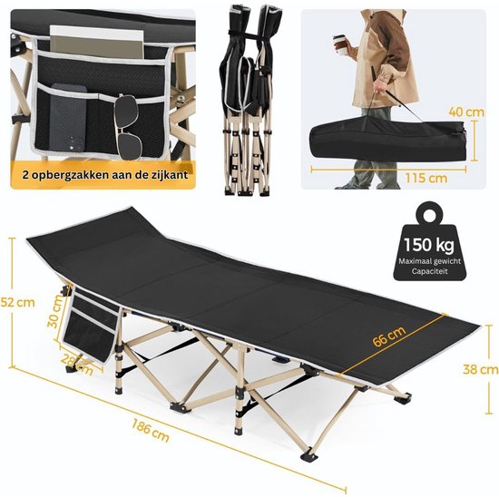 Yaheetech Veldbed 186 x 66 cm - Opvouwbaar Kampeerbed - 150 kg - Draagtas - Zwart