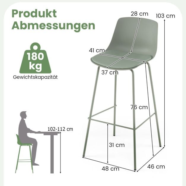 Coast Barkrukken Set van 4 – Kunstleer met Rugleuning 48 x 46 x 103 cm – Groen