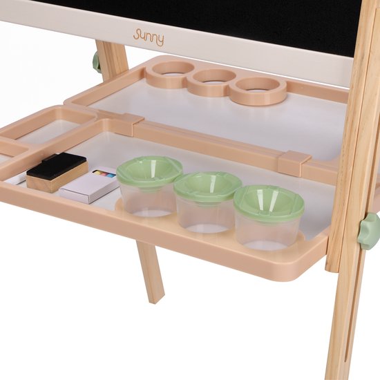 Sunny Luna Activiteiten Ezel – Verstelbare Houten Kinder Ezeltje – Speelezel met Whiteboard & Krijtbord – Magnetisch Bord – Inclusief Papierrol, Bekers & Accessoires – Educatief Speelgoed