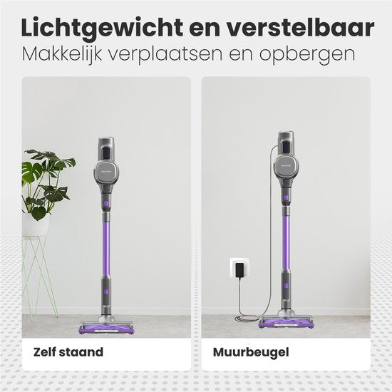 Auronic Steelstofzuiger Draadloos 220W - Draadloze Stofzuiger - HEPA Filter - Zelfstaand - Extra Accu - Op Accu - Zonder Zak - Kruimeldief - Vacuum Cleaner - Grijs/Paars