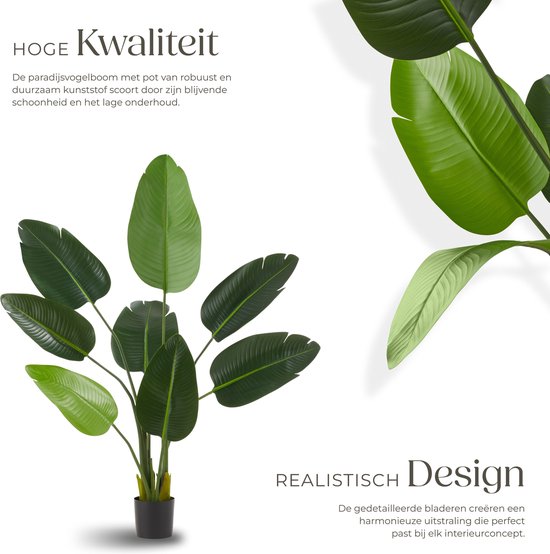 tectake® Kunstmatige Paradijsvogelboom Tropic – Strelitzia - Natuurgetrouwe Kunstplant met Gedetailleerde Bladeren en Stevige Bloempot – Onderhoudsvriendelijk en Veelzijdig – Hoogte: 120 cm