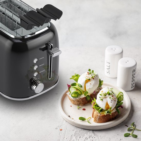 KitchenBrothers Broodrooster met Tostiklemmen - Toaster - 6 Warmteniveaus - Brede Sleuven - Broodrooster - 870W - Zwart