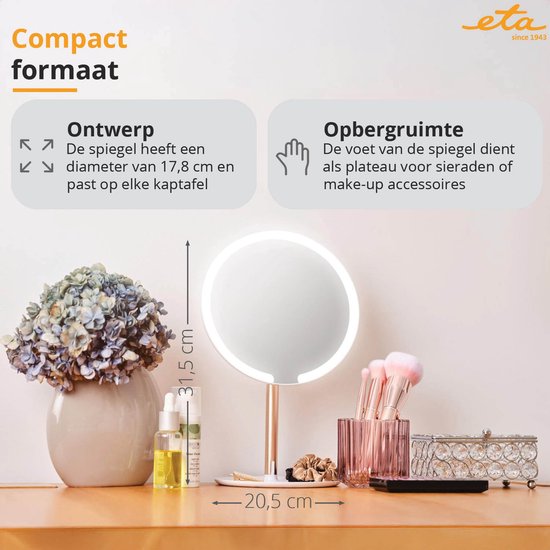 ETA Fenité Make Up Spiegel met Verlichting – 90° Kantelbaar en Oplaadbaar via USB-C – Lichtkleur Instelbaar – Ø 17,8 cm – Wit