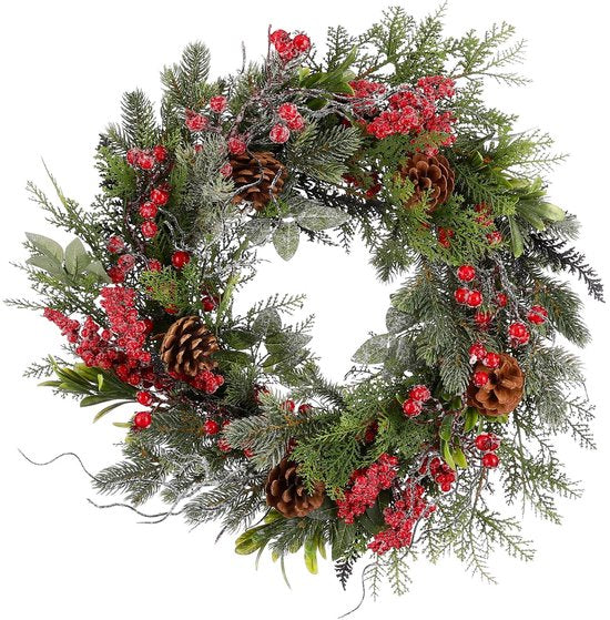 Mica Decorations Randell Kerstkrans - Kerstversiering met besneeuwd effect - Deurkrans eenvoudig op te hangen - Decoratie met besjes en dennenappels - Ø50 cm - Rood