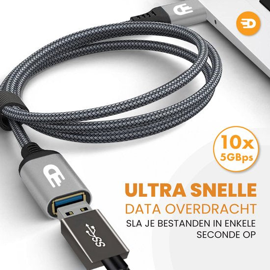 Drivv. Premium USB Verlengkabel 3.0 - Mannelijk naar Vrouwelijk - USB Data Kabel - Snelle Overdracht - 5Gbps - Nylon - 3 Meter - Grijs
