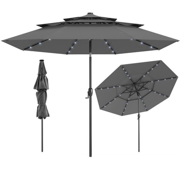 Coast 3-Laags Terrasparasol Ø313 cm - Solar LED - Kantelbaar - Slingerbediening - Grijs