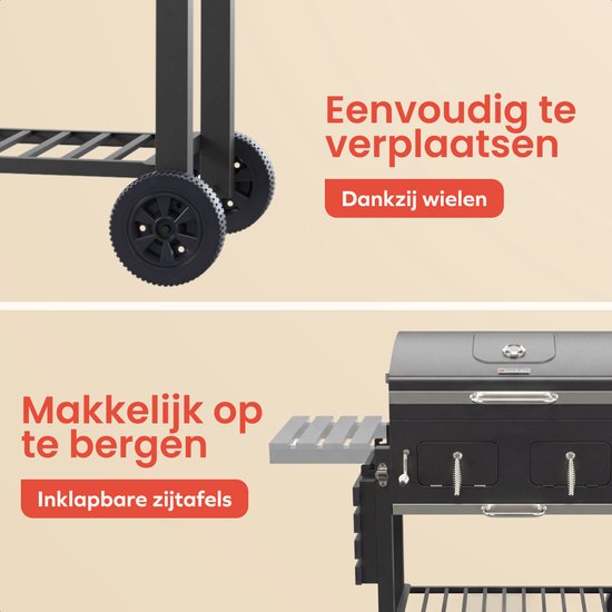 KitchenBrothers Houtskool BBQ XL - Dual Zone Smoker Barbecue - Met Verstelbare Kolenroosters & Inklapbare Zijtafels - PFAS-vrij - 42,3x75,8cm Grilloppervlak - Zwart