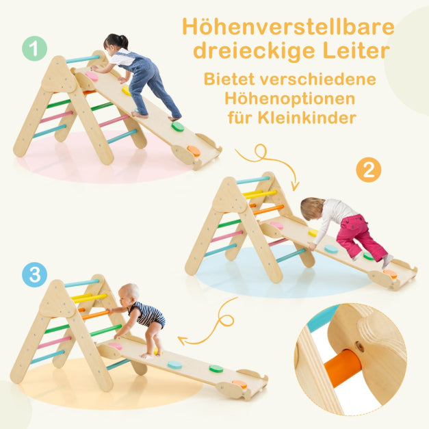 Coast 4-in-1 Houten Klimrek Set - Klimdriehoek, Klimboog, Dubbelzijdige Glijbaan/Klimhelling, 50 kg Belastbaar - Diverse Afmetingen - Beukenhout - Kleurrijk