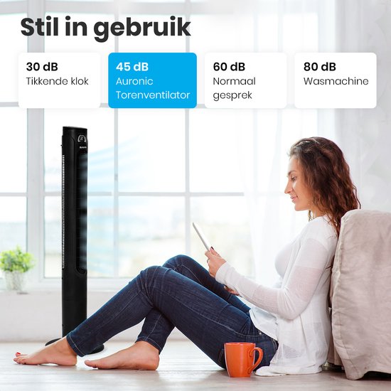 Auronic Torenventilator - Staande Ventilator met Afstandsbediening - Vloerventilator - Timer - Kolomventilator - Fan - 55W - 45dB - 118cm - Zwart