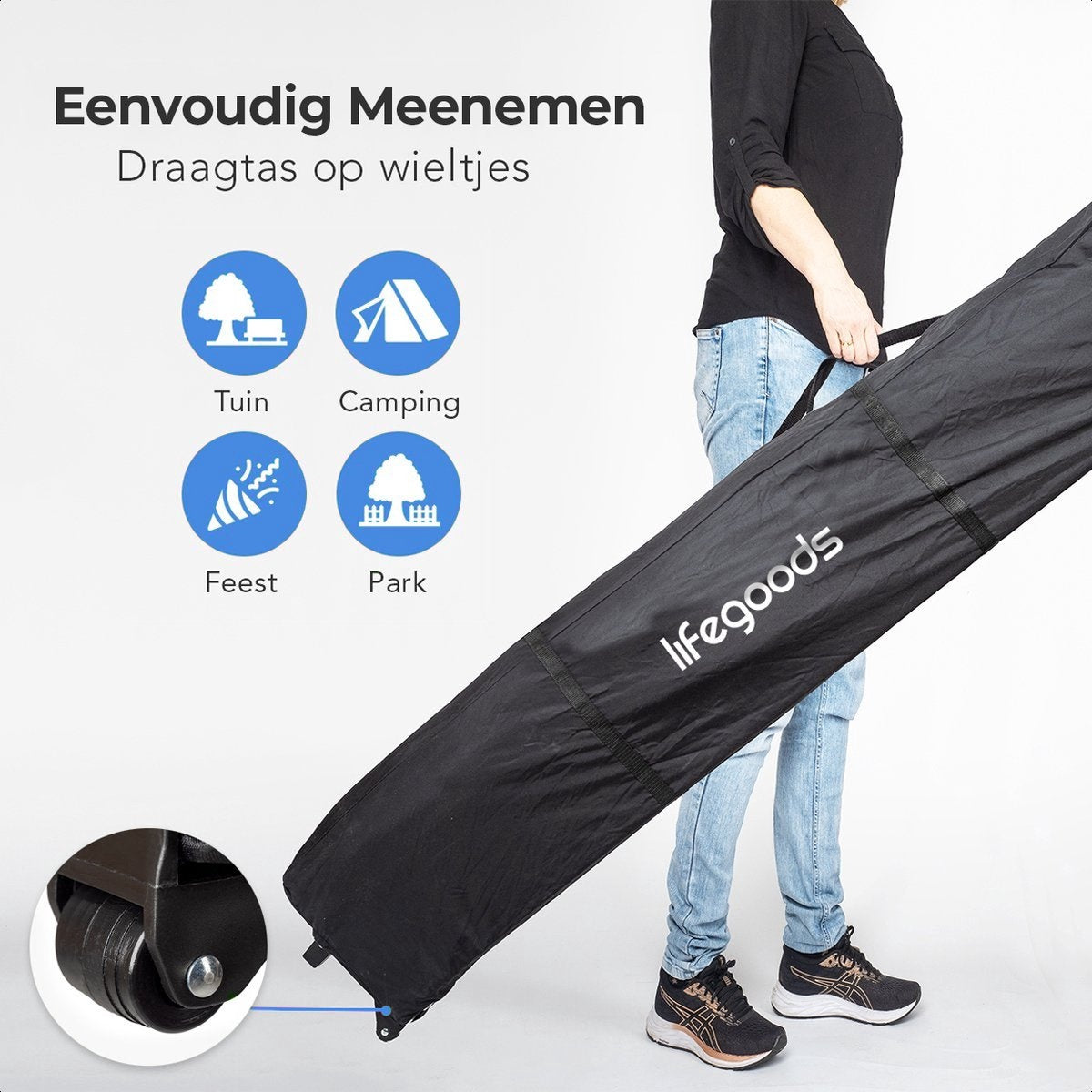 LifeGoods Partytent - Paviljoen - EasyUp - Opvouwbaar - Waterdicht - Met Draagtas met wieltjes - 440 x 297 cm - Donkergrijs