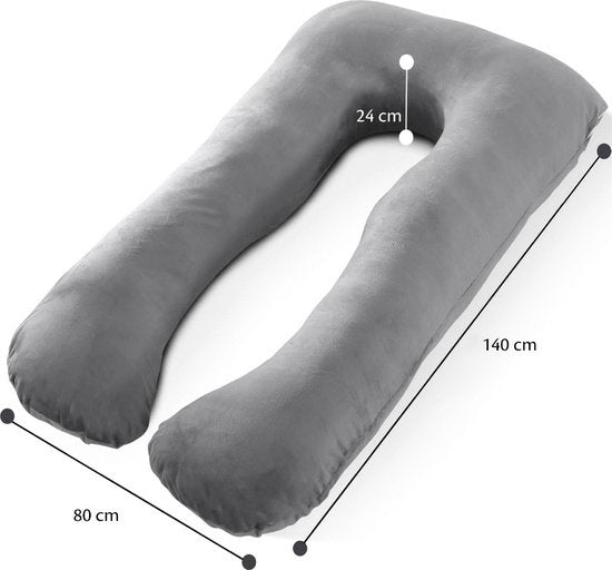 EL-Life Zwangerschapskussen XXL U-Vorm - Zijslaapkussen - Lichaamskussen - Voedingskussen - Body Pillow - 140x80cm - Afneembare Minky Fleece Hoes, Grijs