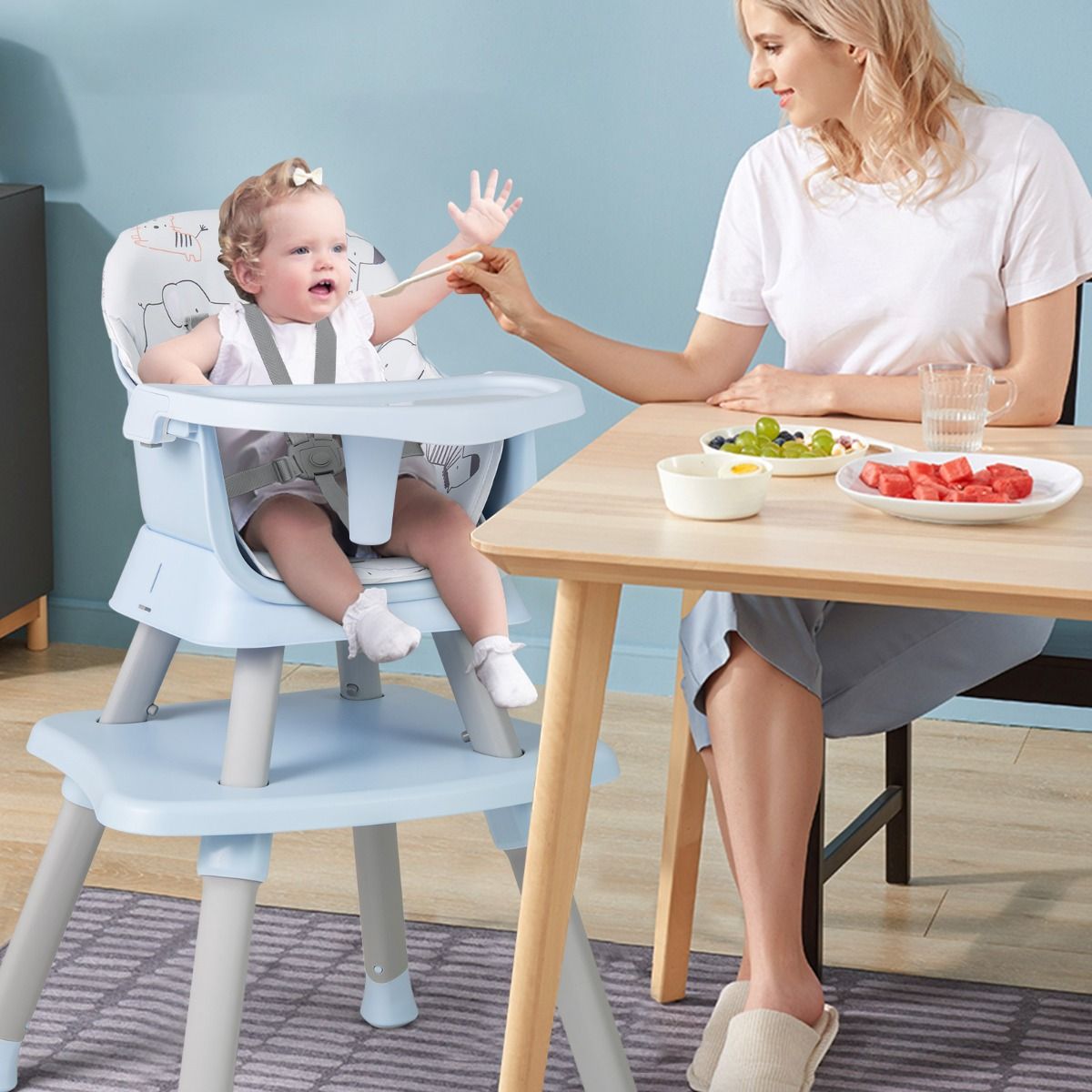 Coast Kinderstoel 6-in-1 - Stoelverhoger en Bouwsteentafel - Inclusief Krukje en 5-puntsgordel - Lichtgrijs