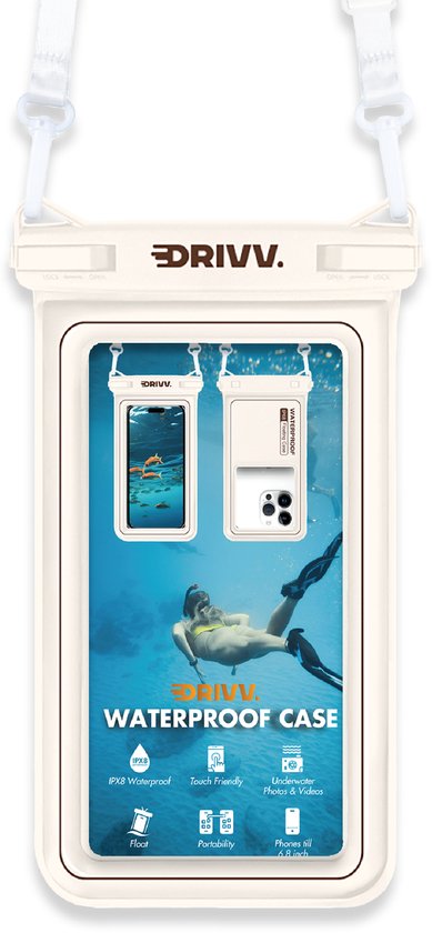 Drivv. Luxe Waterdicht Telefoonhoesje – Drijvend - Dubbele Klipsluiting - Telefoons tot 6.8 inch – Onderwater Hoesje Telefoon - Beige