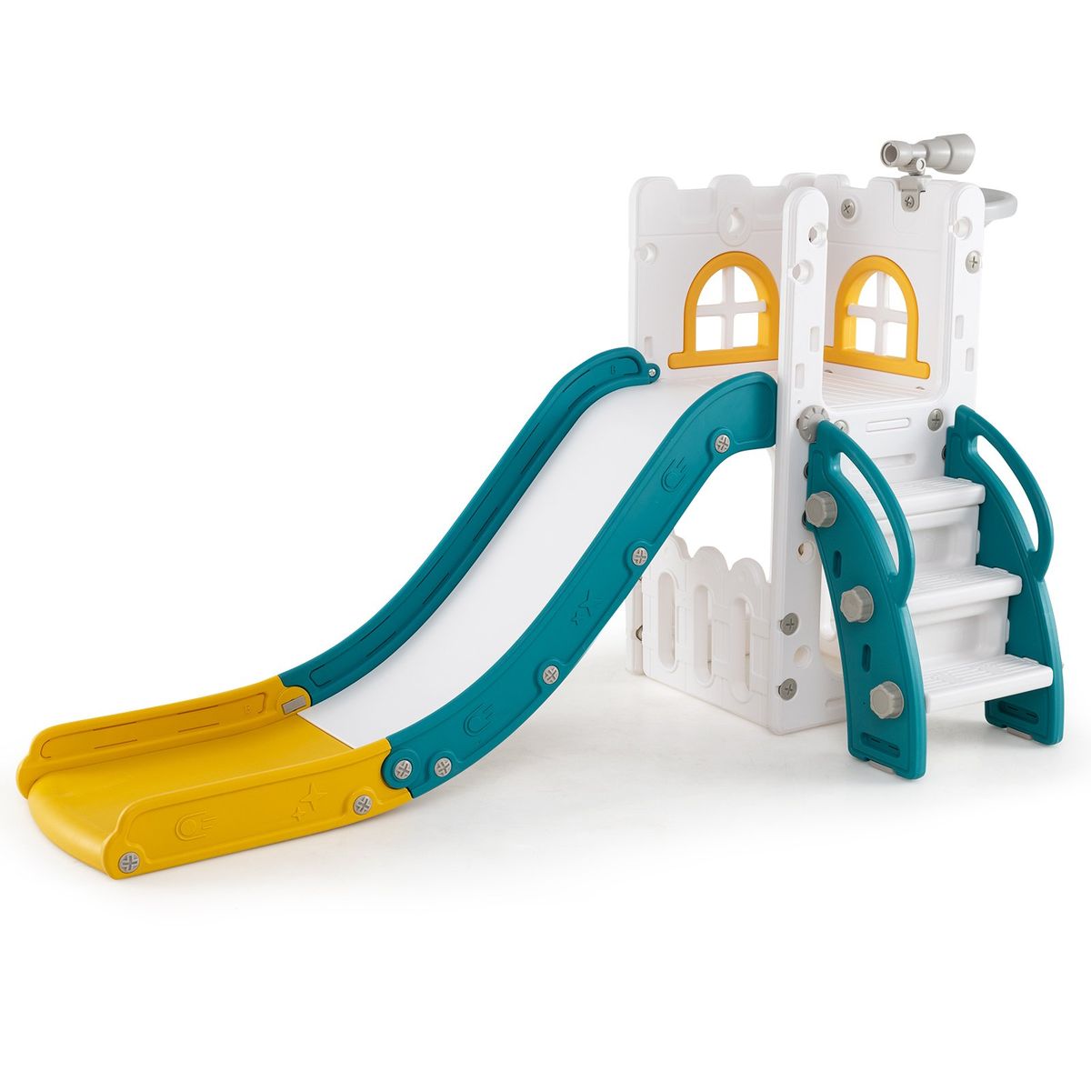 Coast 6-in-1 Kinderglijbaan - met basketbalring en telescoop - L-vorm - groen