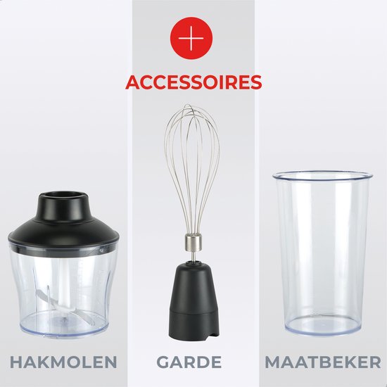Bourgini Staafmixer - 4-delige Krachtige RVS Staafmixer set -20 snelheden - Garde - Hakmolen 600ml - Maatbeker 800ml - 1500W