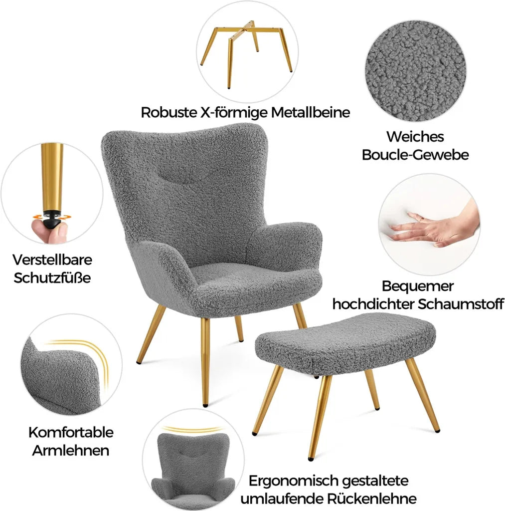 Yaheetech Wingback Stoel - Voetenbank - 70 x 67,5 x 97,5 cm – Grijs
