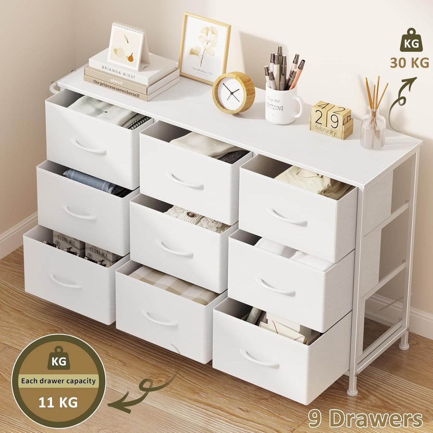 Leader Accessories Ladekast 9 Laden Stoffen Commode voor Hal en Woonkamer - 100x30x65cm - Wit
