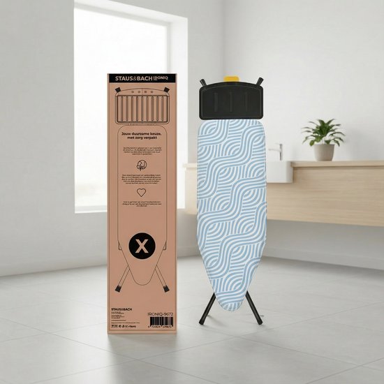 STAUS&BACH Strijkplank X - voor Stoomgenerator - 122 x 43,5 cm - Inclusief mouwplankje en opvouwrek - 76 - 96 cm in hoogte verstelbaar - Met stoomunithouder stoomstrijkijzer - Blauw - Ironiq Pro