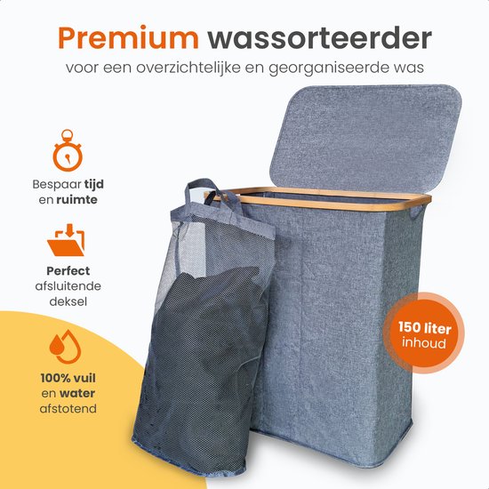Goliving Wassorteerder 3 Vakken - 150L - Opvouwbare Wasmand Met Deksel - 3 Uitneembare Zakken Met Kleurlabels - 57 x 37 x 66 cm - Grijs