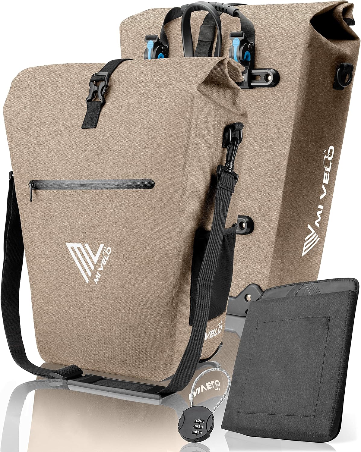 MIVELO Fietstas voor Bagagedrager - 100% Waterdicht, PVC-vrij, Laptopvak, Zandbeige