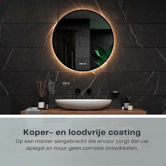 Mirlux Badkamerspiegel - LED Verlichting & Verwarming – Anti Condens - Wandspiegel Rond - Mat Zwart - 80CM