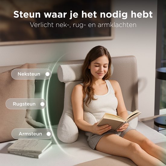 CozySense® Leeskussen voor in Bed - Ergonomisch Zitkussen - Boekkussen - Groot Relax Kussen - Verstelbare Vulling - Afneembare Hoes - CertiPUR® - Beige