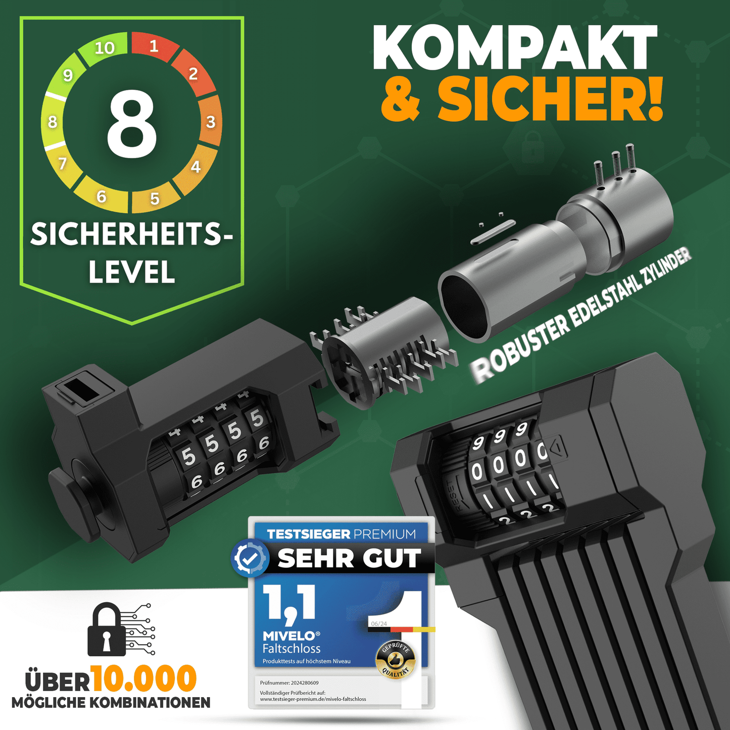 MIVELO - Vouwslot Met Combinatiecode - 85 cm Lang - Beveiligingsniveau 08/10 - Koolstofstaal - Zwart