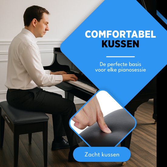 Finesse Pianokruk - met Opbergruimte - Zacht Kussen - Pianobank - Pianostoel - Zwart