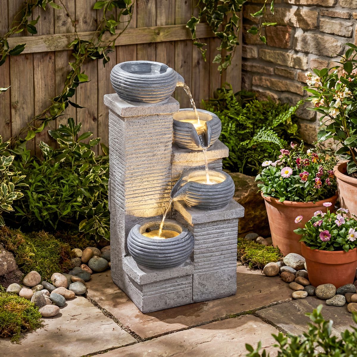 Coast Tuinfontein met LED-verlichting - Viertraps waterval - Kunsthars en glasvezel - Grijs 28 x 22 x 58 cm