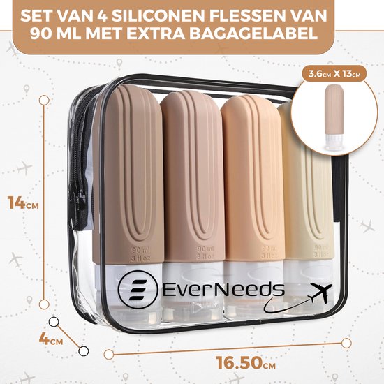 EverNeeds Reisflesjes Met Etui - Navulbaar - Siliconen Reisflesjes Handbagage - Crème - 4 Stuks