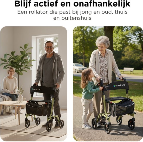 Medzone Rollator Lichtgewicht en Opvouwbaar - Zitfunctie - Binnen en Buiten - Rugleuning en Wandelstok Houder - Champagne - Goud