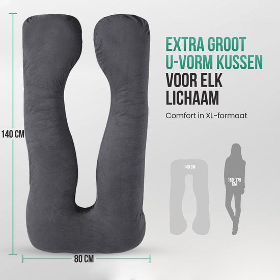 Avalo Zwangerschapskussen XXL 280 cm - U-Vorm Voedingskussen & Zijslaapkussen - Body Pillow - Lichaamskussen - Donkergrijs