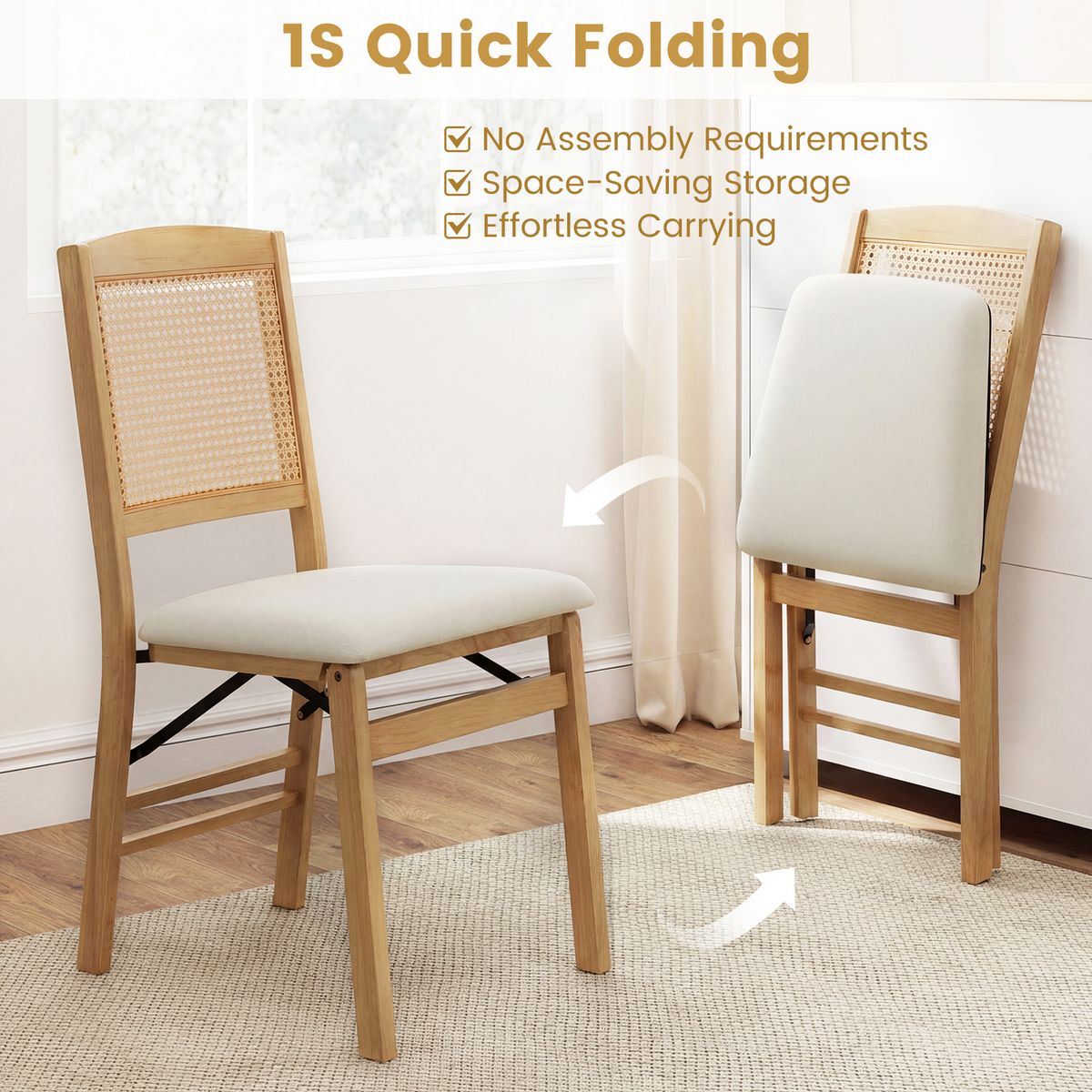 Coast Opvouwbare Eetkamerstoelen Set van 2 - Hout en PE-rotan - Linnen zitting - Naturel