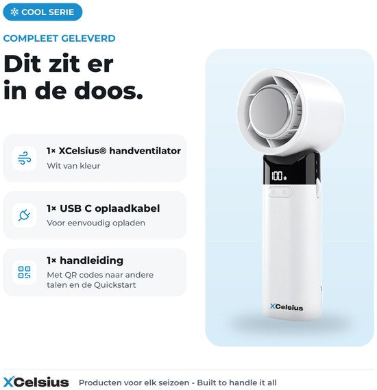 XCelsius® Handventilator - Draagbare Mini Ventilator Opvouwbaar - Oplaadbaar met USB-C - 0% tot 100% traploos instelbaar - Met Instant Koelplaat - Wit