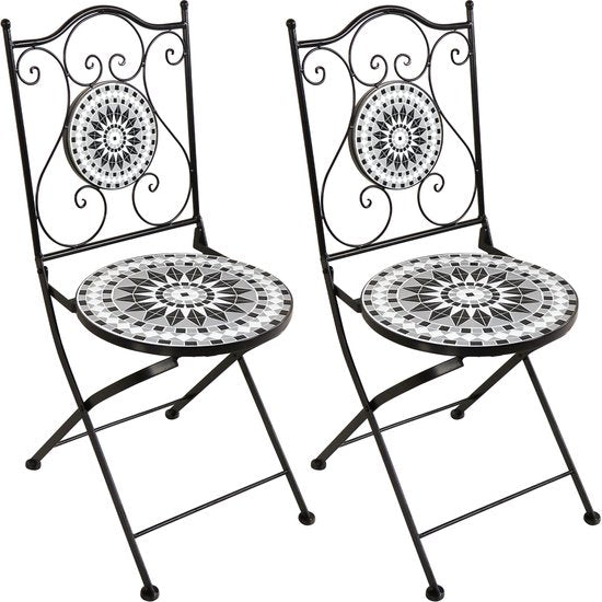 AXI Amélie Bistro Stoelen – Inklapbaar – Zwart/wit – Metalen inklapbare tuinstoelen – Hoge rugleuning – Set van 2 stuks – Mozaïeklook – Ingelegd met keramische tegels – 150 kg draagkracht – Tuin, terras of balkon