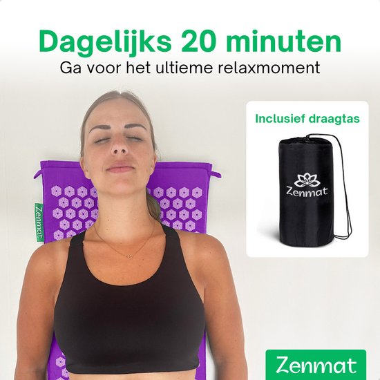 Zenmat Spijkermat met Kussen - Acupressuur Mat incl. Triggerpoint Massagebal en Draagtas - Shakti Massage - 66x40 cm - Paars