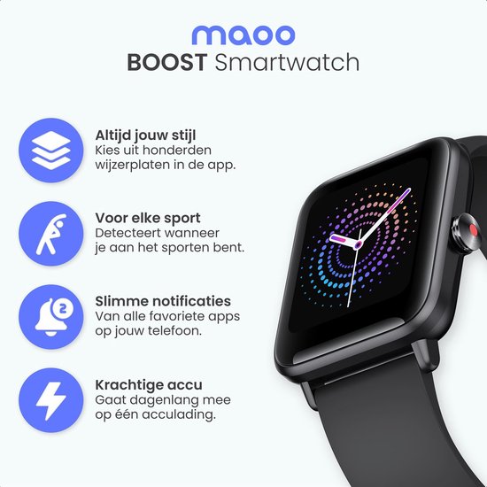 MAOO BOOST Smartwatch – Waterproof – Smartwatch voor Heren & Dames – Stappenteller, Hartslag & Slaapmonitor – Multisport – Android & iOS – Zwart