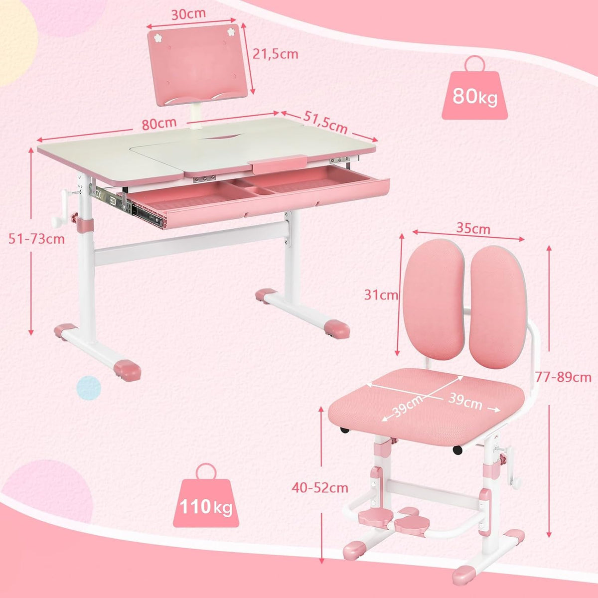 Coast Kinderbureau met stoel - Hoogte verstelbaar - Max. 110 kg - 80 x 52 x 73 cm - Roze