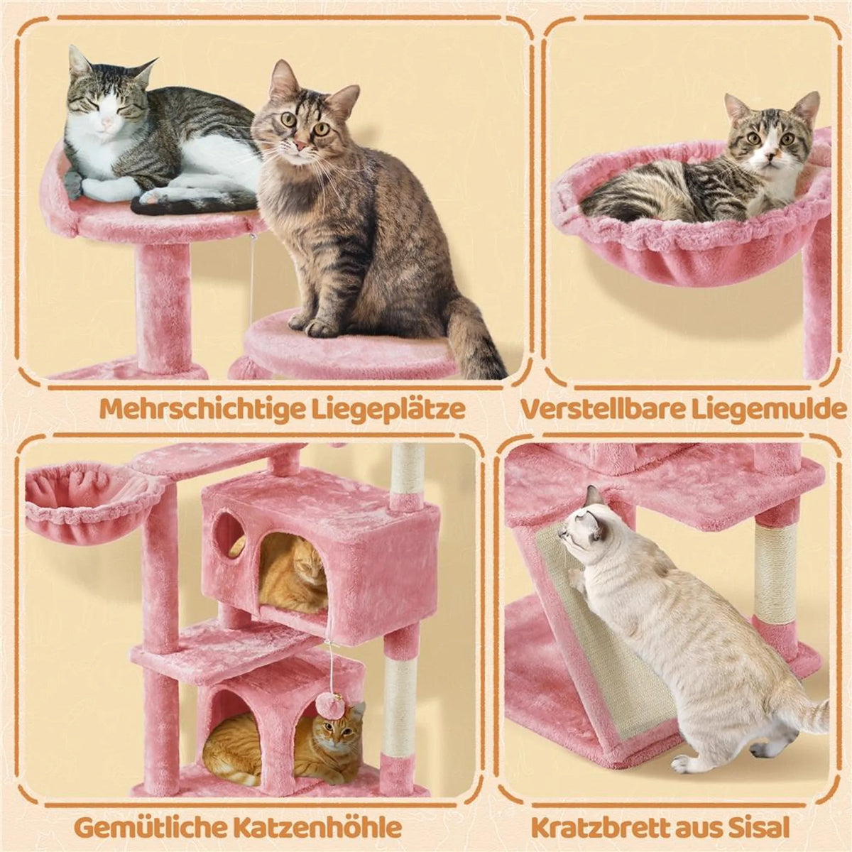 Yaheetech Grote Krabpaal met 5 Verdiepingen 146 cm – Sfeervol Roze – Sisal en Pluche