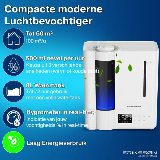 Erikssøn Luchtbevochtiger Elite - 8 Liter - Geschikt voor Woonkamer, Kantoor, Slaapkamer, Babykamer - Humidifier - Met Aromatherapie - Wit