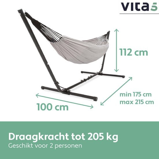 Vita5 Hangmat met Standaard – 2 Persoons – Verstelbare Lengte – Incl. Draagtas – Draaggewicht 205 kg – Grijs