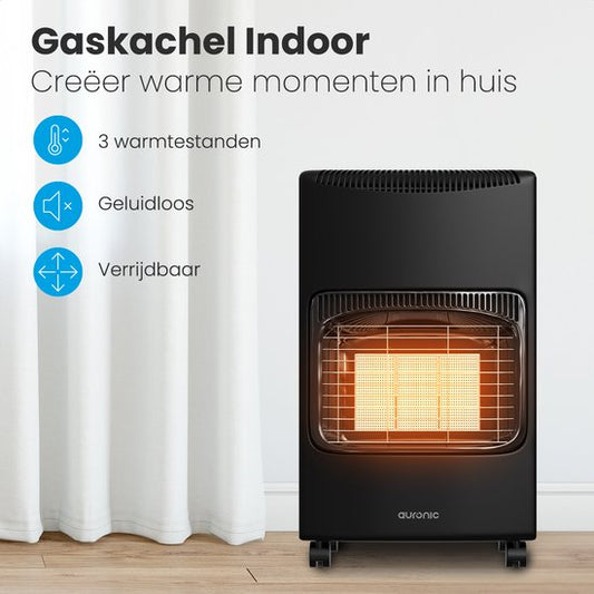 Auronic Mobiele Gaskachel - met Wieltjes - tot 60 m² - 4100W Gas Heater - Inclusief Gasdrukregelaar en Gasslang - Zwart