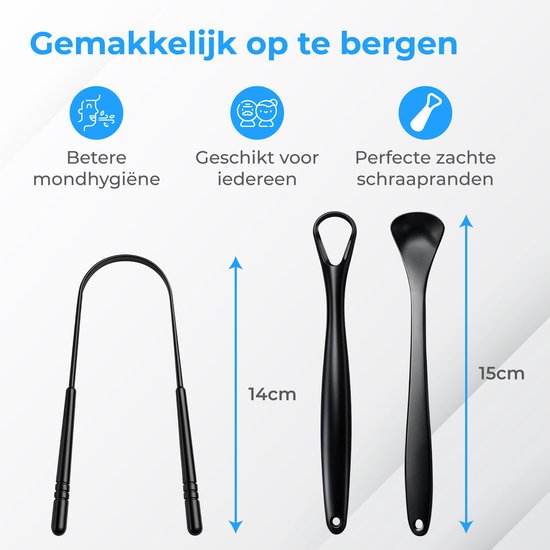 Nuvance Professionele Tongschraper - 3 in 1 Set - voor Mondverzorging - Tongreiniger - Tong Schraper - Tongue Scraper - RVS - Zwart
