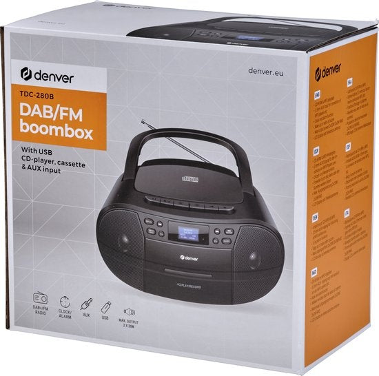 Denver TDC-280 - Boombox - DAB - FM - Radio - CD speler - Cassette - AUX input - Klok - Wekker - Zwart