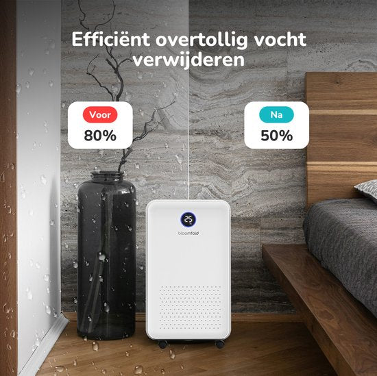 Bloomfold Luchtontvochtiger - 16L per Dag - Incl. Was-droog Functie - Geschikt voor Woonkamer, Slaapkamer, Kelder & Badkamer - Dehumidifier - Wit