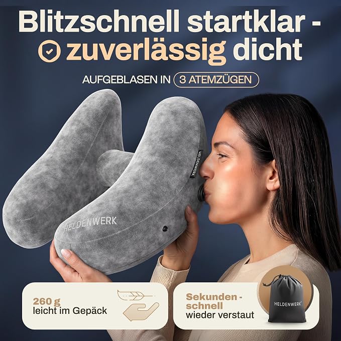 HELDENWERK Premium Reiskussen met Capuchon – Opblaasbaar Nek- en Hoofdkussen – 5 Slaapposities – Inclusief Oordopjes & Opbergtas