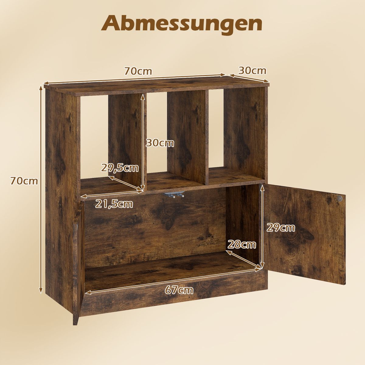 Coast Boekenkast met 3 open vakken en 2 deuren - modern design - bruin - 70 x 30 x 70 cm