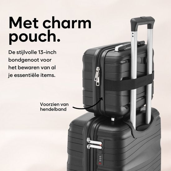 SC Travelin' Charm 4-delige Trolleyset – Handbagage & Check-in Koffers – 32L/60L/98L – Cijferslot – 360° Geruisloze Wielen – Lichtgewicht & Stevig – Modern Design - Zwart V2