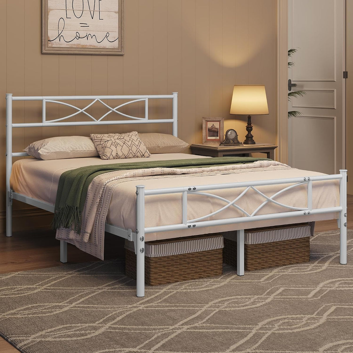 Yaheetech Metalen bedframe - Hoofdbord met kruisdesign - 140 x 200 cm - Wit